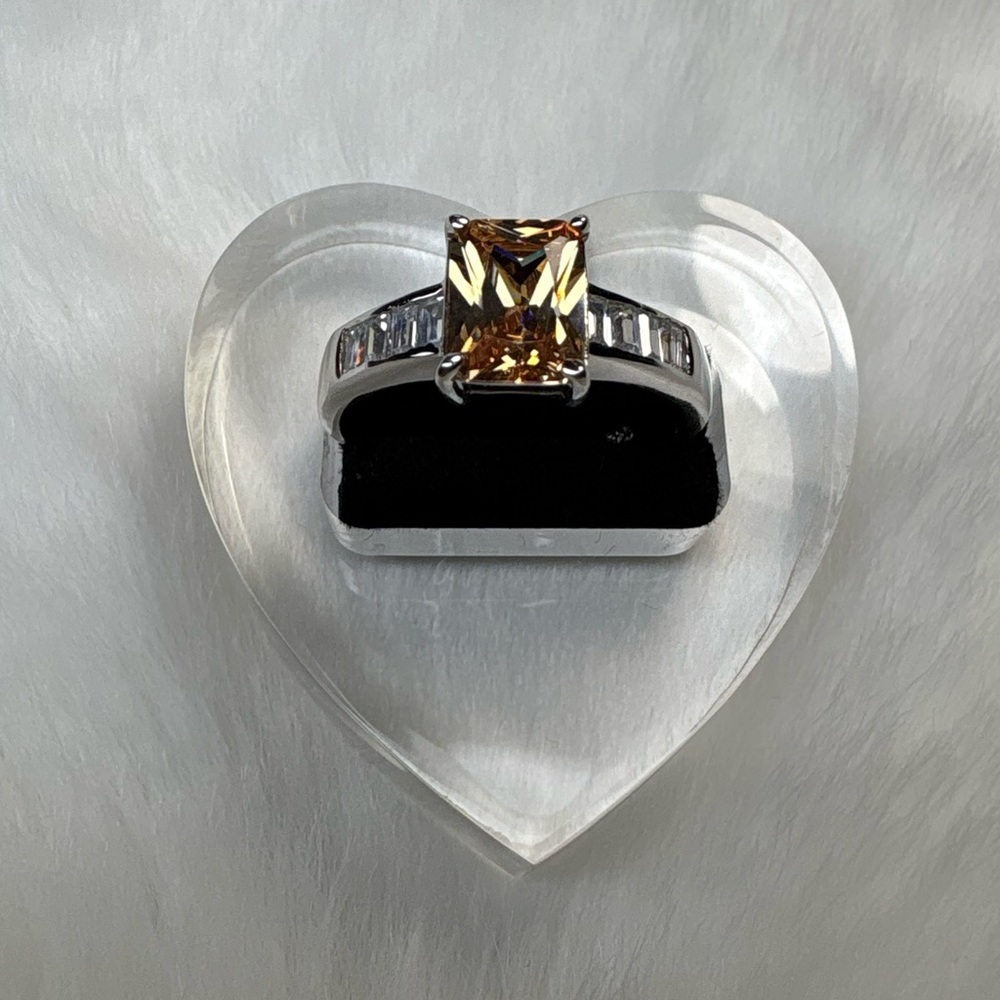 925 Sterling Silver Square Citrine and Clear CZ Ring